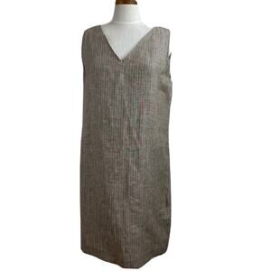 Theory V Neck Shift Dress Beige Pinstripe Linen Size 10 New $395